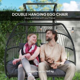 Rackhams Rattan Double Hanging Egg Chair with Stand, Cushion, Dark Grey - thumbnail 4