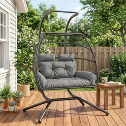 Rackhams Rattan Double Hanging Egg Chair with Stand, Cushion, Dark Grey