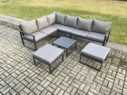 Rackhams 8 Seater Outdoor Lounge Corner Sofa Set Aluminum Garden Furniture Sets with Square Coffee Table 2 Big Footstool Dark Grey - thumbnail 2