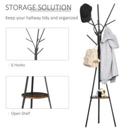 Rackhams Freestanding Metal Coat Rack Stand 9 Hooks Clothes Tree with 1 Shelf Hat Display Hall Tree Hanger Bag Umbrella Hanging Organiser Brown - thumbnail 4