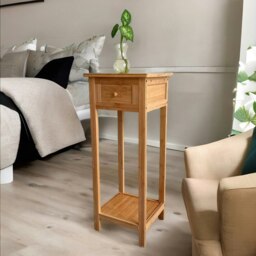 Rackhams 2 Tier Tall Wooden Side Table With Drawer Natural Brown - thumbnail 4