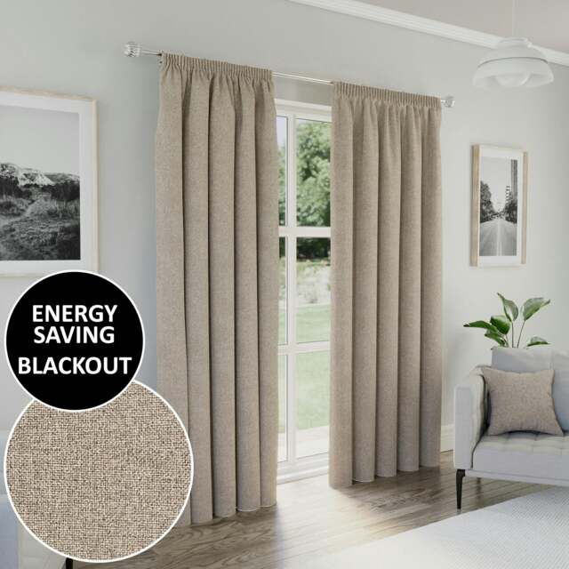 "Rackhams Dallas 100% Blackout Pencil Pleat Thermal Energy Saving Curtains - Ideal for Living Rooms & Bedrooms - Natural - 90"" (229cm) Width x 72"" (183cm) Drop" - image 1