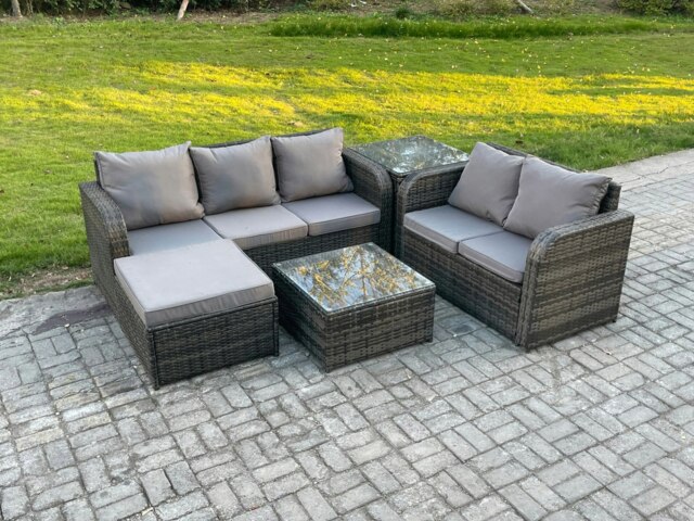 Rackhams PE Rattan Garden Furniture Sets 6 Seater Outdoor Lounge Sofa Set Square Coffee Table Big Footstool Side Table - image 1