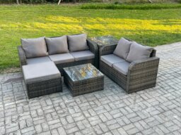 Rackhams PE Rattan Garden Furniture Sets 6 Seater Outdoor Lounge Sofa Set Square Coffee Table Big Footstool Side Table - thumbnail 2