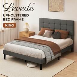 Rackhams Bed Frame Upholstered Linen Headboard Tufted Wooden Slat King Size Grey - thumbnail 2