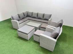 Rackhams 11 Seater Garden Outdoor PE Rattan Furniture Set Rattan Garden Sofa Set with 3 Footstools Light Grey Mixed - thumbnail 2