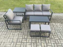 Rackhams Aluminium 6 Pieces Garden Furniture Sofa Set with Cushions 6 Seater Outdoor Patio Set with Armchair 2 Small Footstools Side Table Dark Grey - thumbnail 2