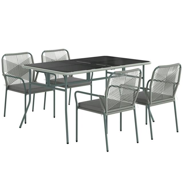 Rackhams Five-Piece PE Rattan Garden Dining Set with Cushions & Stackable Chairs - Light Grey