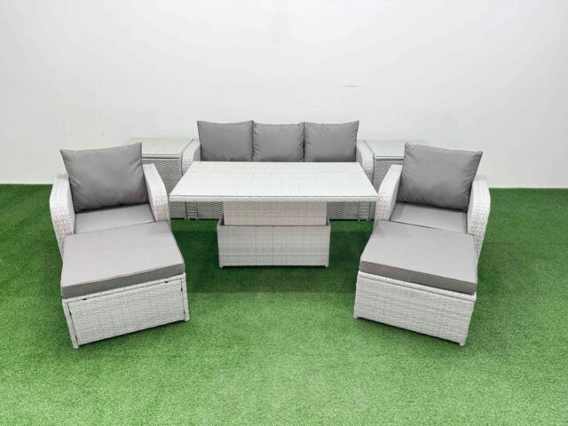 Rackhams Light Grey PE Rattan Outdoor Lounge Set - Reclining Chair, Adjustable Lifting Dining/Coffee Table, 2 Side Tables & 2 Big Footstools - image 1