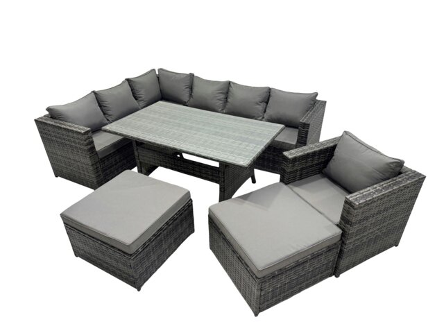 Rackhams Outdoor PE Rattan Sofa Set with Dining Table Patio Garden Furniture Sets with Chair 2 Big Stools Dark Grey Mixed - image 1