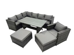 Rackhams Outdoor PE Rattan Sofa Set with Dining Table Patio Garden Furniture Sets with Chair 2 Big Stools Dark Grey Mixed - thumbnail 1