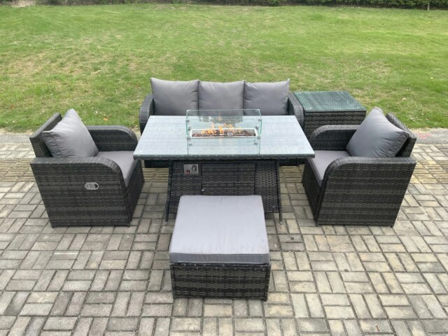 Rackhams Patio Outdoor Rattan Garden Furniture Set Propane Gas Fire Pit Table Burner with Lounge Sofa Side Table Footstool - image 1
