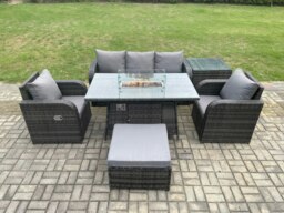 Rackhams Patio Outdoor Rattan Garden Furniture Set Propane Gas Fire Pit Table Burner with Lounge Sofa Side Table Footstool - thumbnail 1