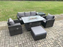 Rackhams Patio Outdoor Rattan Garden Furniture Set Propane Gas Fire Pit Table Burner with Lounge Sofa Side Table Footstool - thumbnail 2
