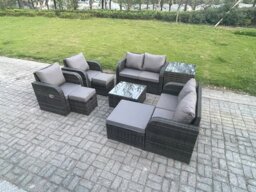 Rackhams Garden Furniture Set Rattan Outdoor Lounge Sofa Chair With Tempered Glass Table 3 Footstools Side Table Dark Grey Mixed - thumbnail 2