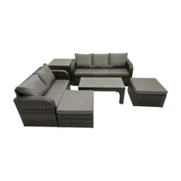 Rackhams Rattan Garden Outdoor Furniture Set 3 Seater Sofa Love Sofa Coffee Table with 2 Big Footstools Side Table Dark Grey Mixed - thumbnail 1