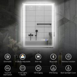 Rackhams 500 x 700 mm Bathroom Mirror with Bluetooth Lights Demister Pad - Silver - 70 x 50 x 3.5 cm - Modern - thumbnail 3