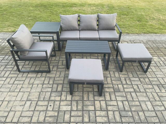 Rackhams Aluminium 6 Pieces Garden Furniture Sofa Set with Cushions 6 Seater Outdoor Patio Set with Armchair 2 Big Footstools Side Table Dark Grey - image 1