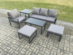 Rackhams Aluminium 6 Pieces Garden Furniture Sofa Set with Cushions 6 Seater Outdoor Patio Set with Armchair 2 Big Footstools Side Table Dark Grey - thumbnail 2