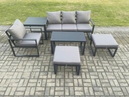 Rackhams Aluminium 6 Pieces Garden Furniture Sofa Set with Cushions 6 Seater Outdoor Patio Set with Armchair 2 Big Footstools Side Table Dark Grey - thumbnail 1
