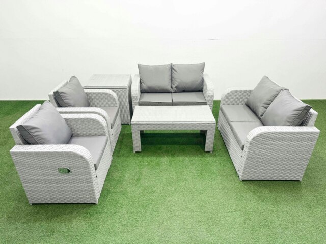 Rackhams 6 Seater Outdoor Reclining Chair Love Sofa Set Rattan Garden Furniture Set with Oblong Coffee Table Side Table Light Grey - image 1