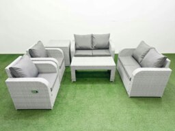 Rackhams 6 Seater Outdoor Reclining Chair Love Sofa Set Rattan Garden Furniture Set with Oblong Coffee Table Side Table Light Grey - thumbnail 1