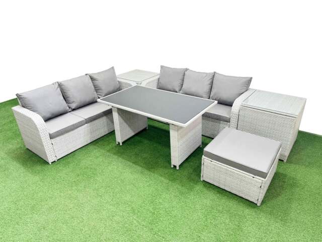 Rackhams 7 Seater Rattan Outdoor Dining Table 3 Seater Sofa Set with 2 Side Tables Big Stool Light Grey - image 1