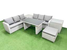 Rackhams 7 Seater Rattan Outdoor Dining Table 3 Seater Sofa Set with 2 Side Tables Big Stool Light Grey - thumbnail 1