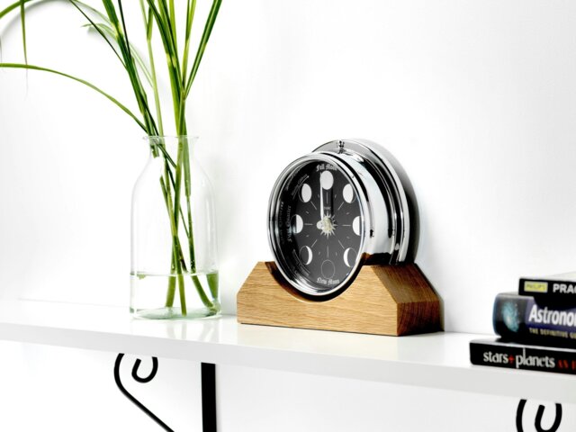 Rackhams Handmade Prestige Moon Phase Clock in Chrome on English Light Oak - image 1