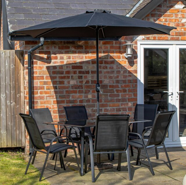 Rackhams Outdoor 6 Person Rectangular Glass Top Garden Dining Table Chairs With Black Parasol and Base Set - Outdoor Furniture Sets - image 1