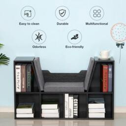 Rackhams Bookcase Storage Shelf with Cushioned Reading Seat, Cube Bookshelf Organizer for Bedroom Living Room, Black - thumbnail 5