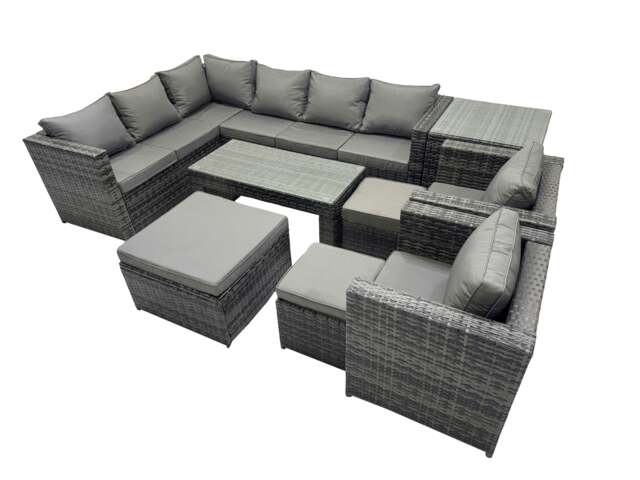 Rackhams 9 Pieces Outdoor PE Rattan Garden Furniture Corner Sofa Oblong Coffee Table Set with Cushions 3 Footstools Side Table Dark Grey Mixed - image 1