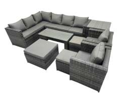 Rackhams 9 Pieces Outdoor PE Rattan Garden Furniture Corner Sofa Oblong Coffee Table Set with Cushions 3 Footstools Side Table Dark Grey Mixed - thumbnail 1