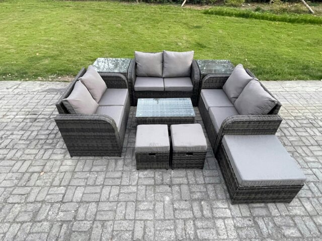 Rackhams Wicker PE Rattan Garden Furniture Set Outdoor Lounge Sofa Set with Love Sofa Coffee Table 2 Side Tables 3 Footstools Dark Grey Mixed - image 1