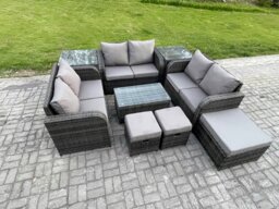 Rackhams Wicker PE Rattan Garden Furniture Set Outdoor Lounge Sofa Set with Love Sofa Coffee Table 2 Side Tables 3 Footstools Dark Grey Mixed - thumbnail 2