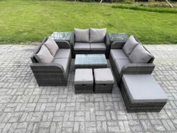Rackhams Wicker PE Rattan Garden Furniture Set Outdoor Lounge Sofa Set with Love Sofa Coffee Table 2 Side Tables 3 Footstools Dark Grey Mixed - thumbnail 1
