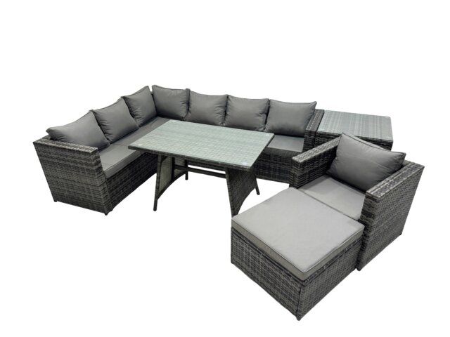 Rackhams 8 seater Outdoor PE Rattan Sofa Set with Dining Table Patio Garden Furniture Sets with Chair Big Stool Side Table Dark Grey Mixed - image 1