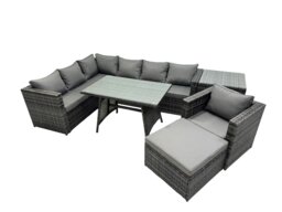 Rackhams 8 seater Outdoor PE Rattan Sofa Set with Dining Table Patio Garden Furniture Sets with Chair Big Stool Side Table Dark Grey Mixed - thumbnail 1