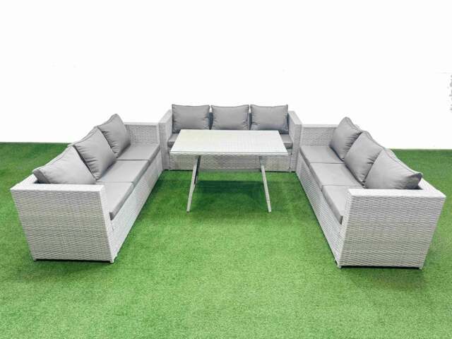 Rackhams 9 Seat Outdoor Patio PE Rattan Garden Furniture with Cushions 3 Seater Sofa Light Grey - image 1