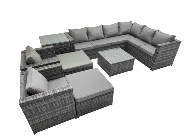 Rackhams Outdoor PE Rattan Garden Furniture Sofa Set with Square Coffee Table 2 Big Stools Side Table Dark Grey - image 1