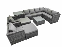 Rackhams Outdoor PE Rattan Garden Furniture Sofa Set with Square Coffee Table 2 Big Stools Side Table Dark Grey - thumbnail 1