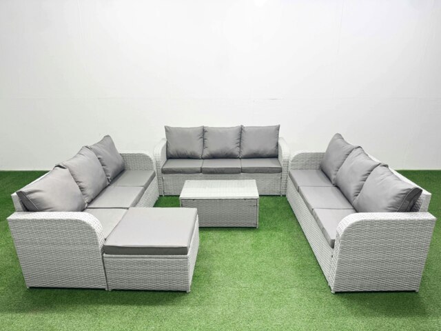 Rackhams PE Rattan Lounge Sofa Set 10 Seater Outdoor Garden Furniture Set with Rectangular Coffee Table 3 Seater Sofa Big Footstool Light Grey - image 1