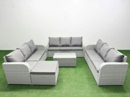 Rackhams PE Rattan Lounge Sofa Set 10 Seater Outdoor Garden Furniture Set with Rectangular Coffee Table 3 Seater Sofa Big Footstool Light Grey - thumbnail 1