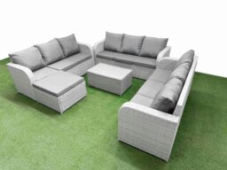 Rackhams PE Rattan Lounge Sofa Set 10 Seater Outdoor Garden Furniture Set with Rectangular Coffee Table 3 Seater Sofa Big Footstool Light Grey - thumbnail 2