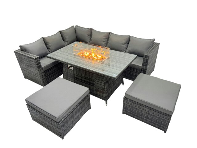 Rackhams Rattan Garden Furniture Dining Set 8 seater Gas Fire Pit Dining Table Corner Sofa Set with 2 Big Stools Dark Grey Mixed - image 1