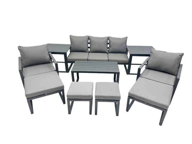 Rackhams 9 Seat Outdoor Garden Furniture Set Aluminium Lounge 3 Seat Sofa Oblong Coffee Table Sets with Chair 4 Stools Dark Grey - image 1