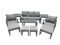 Rackhams 9 Seat Outdoor Garden Furniture Set Aluminium Lounge 3 Seat Sofa Oblong Coffee Table Sets with Chair 4 Stools Dark Grey - thumbnail 1