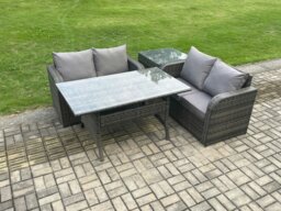 Rackhams 4 Seater Rattan Outdoor Garden Furniture Set Rectangular Dining Table and Loveseat Sofa Set With Side Table Dark Grey Mixed - thumbnail 1