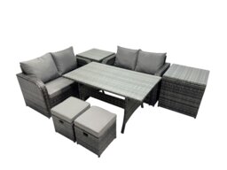 Rackhams Wicker PE Rattan Garden Outdoor Furniture Set Love Sofa Dining Table Set with 2 Small Stools 2 Side Tables Dark Grey Mixed - thumbnail 2