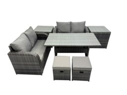 Rackhams Wicker PE Rattan Garden Outdoor Furniture Set Love Sofa Dining Table Set with 2 Small Stools 2 Side Tables Dark Grey Mixed - thumbnail 1